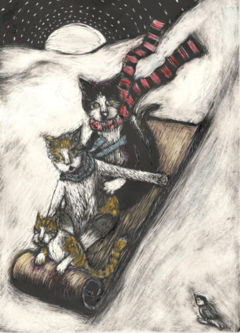 Tobogganing Cats Tobogganing Cats scratchboard
